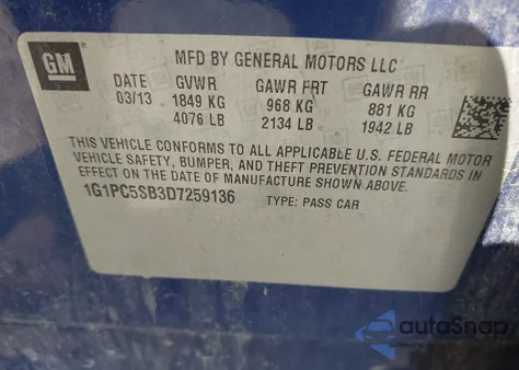 2013 Chevrolet Cruze 1Lt Auto z USA, uszkodzony, nr VIN 1G1PC5SB3D7259136